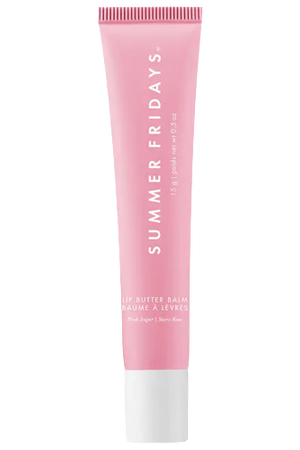 Summer Fridays Lip Butter in Pink Sugar flavor, a vegan and award-winning lip balm with ultra-hydrating seed butters and vegan waxes for smooth, moisturized lips