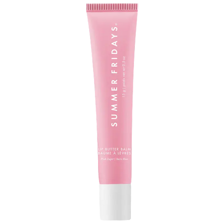 Summer Fridays Lip Butter in Pink Sugar flavor, a vegan and award-winning lip balm with ultra-hydrating seed butters and vegan waxes for smooth, moisturized lips